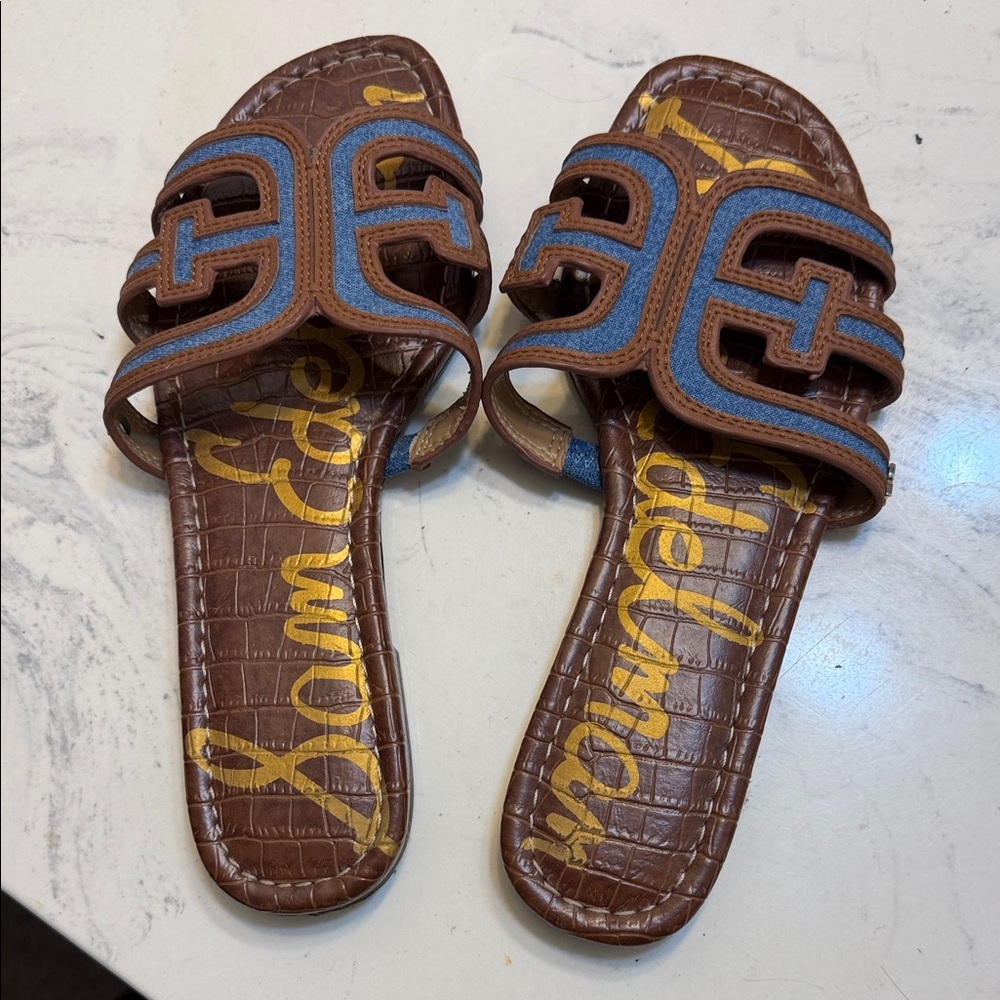 Sam Edelman Brown Slide Sandals with Blue Trim